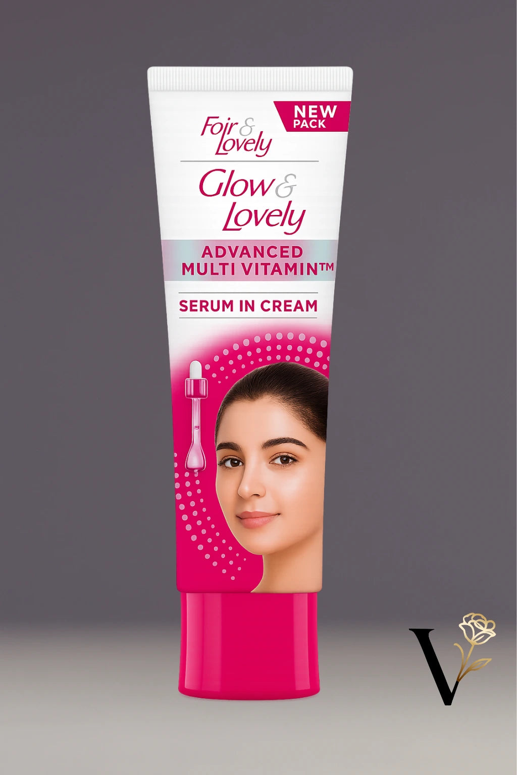 Foar & Lovely Glow & Lovely serum in cream packaging on a gray background