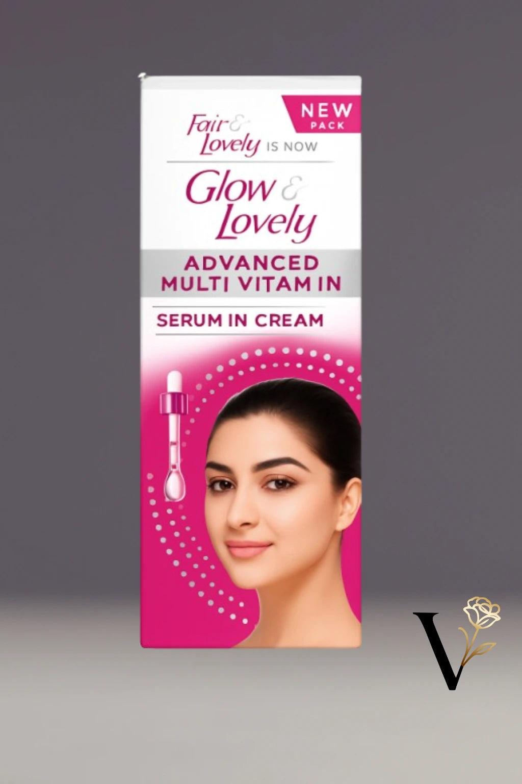 Glow & Lovely Advanced Multi Vitamin Serum in Cream packaging on a gray background