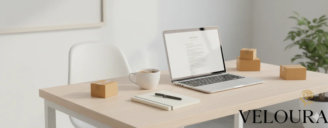 Work from home small business setup with laptop and boxes – Veloura blog