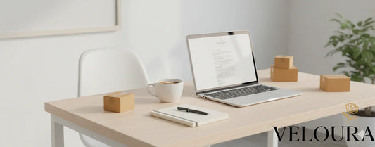 Work from home small business setup with laptop and boxes – Veloura blog