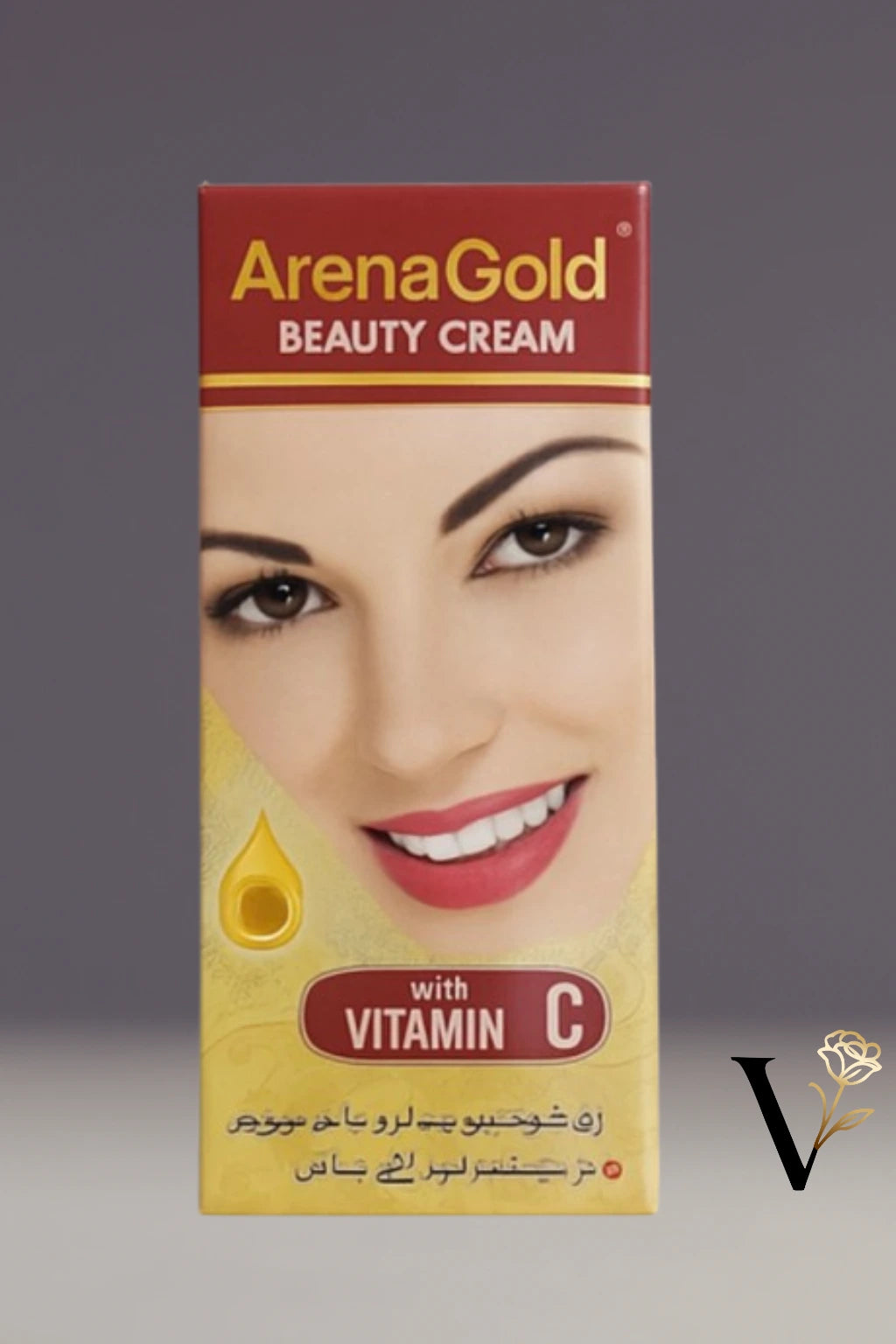 ArenaGold Beauty Cream box with a woman's face on a gray background