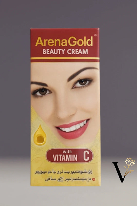 ArenaGold Beauty Cream box with a woman's face on a gray background