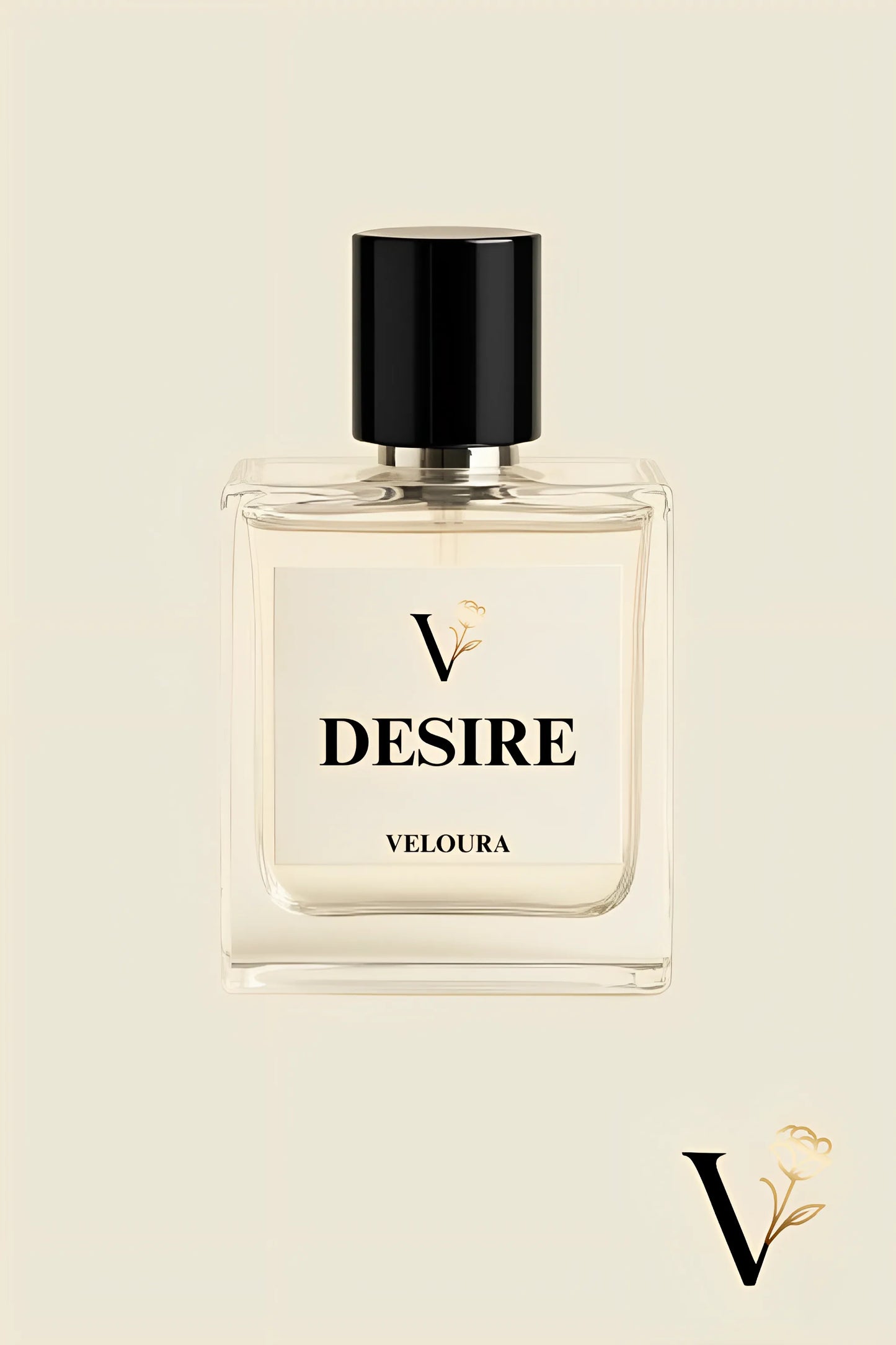 Perfume bottle labeled 'Desire' by Veloura on a beige background