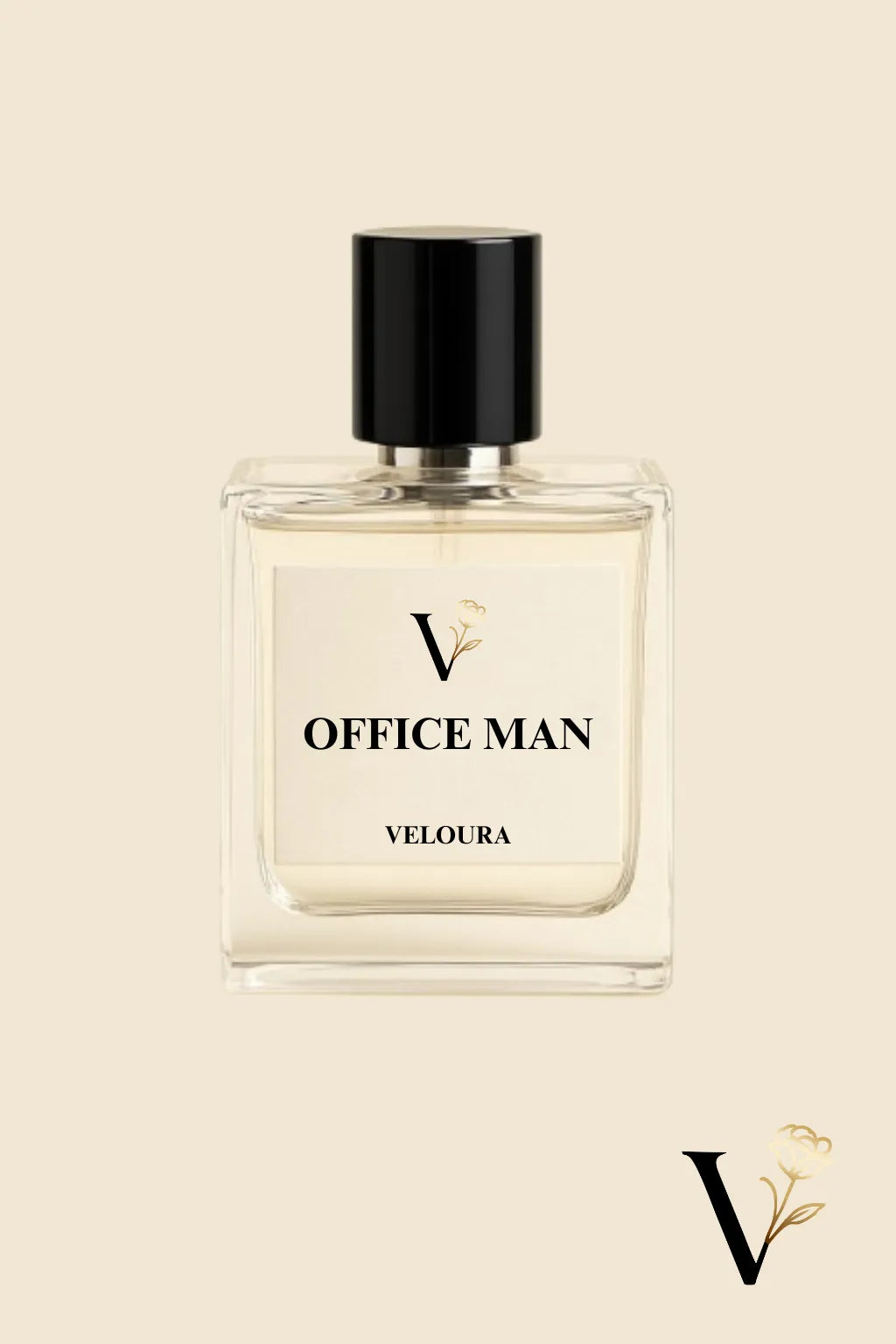 Perfume bottle labeled 'Office Man' by Veloura on a beige background