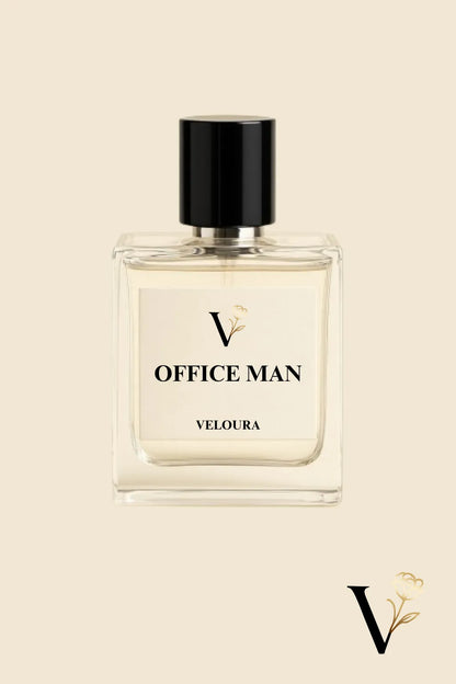 Perfume bottle labeled 'Office Man' by Veloura on a beige background