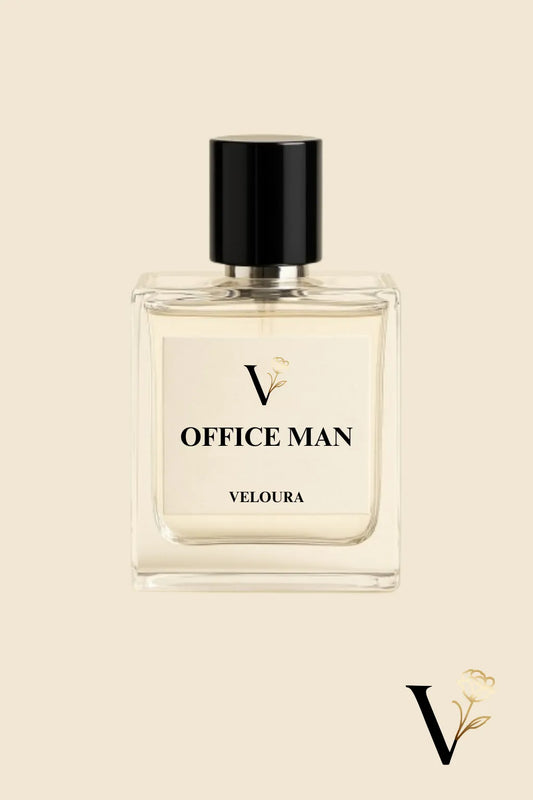 Perfume bottle labeled 'Office Man' by Veloura on a beige background