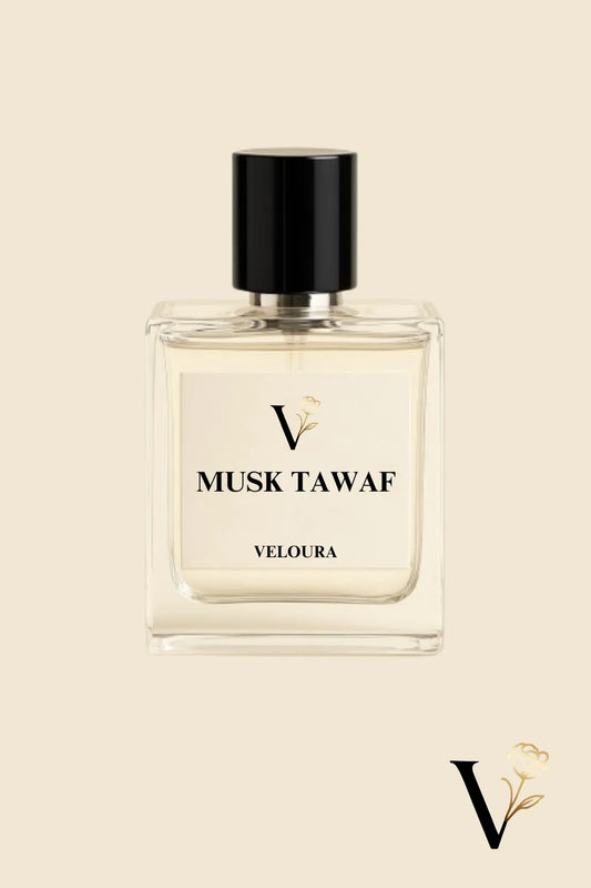 Perfume bottle labeled 'Musk Tawaf' by Veloura on a beige background