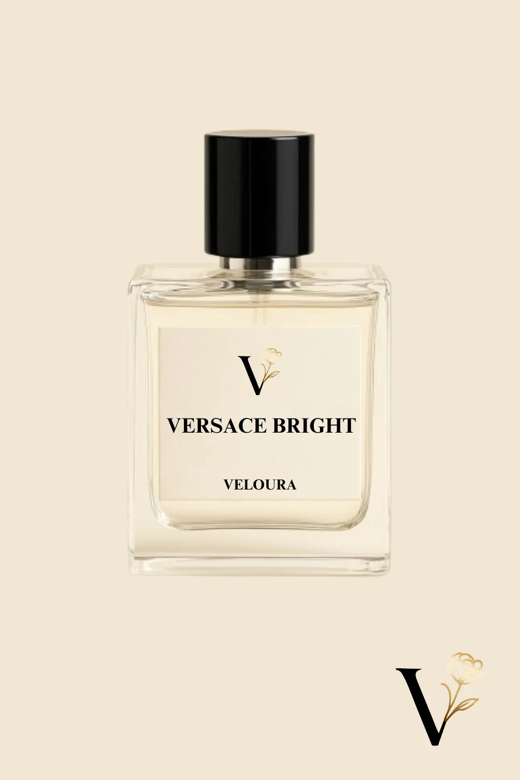Versace Bright Veloura perfume bottle on a beige background