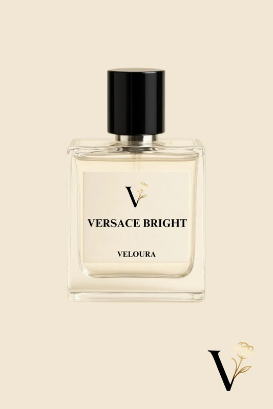 Versace Bright Veloura perfume bottle on a beige background