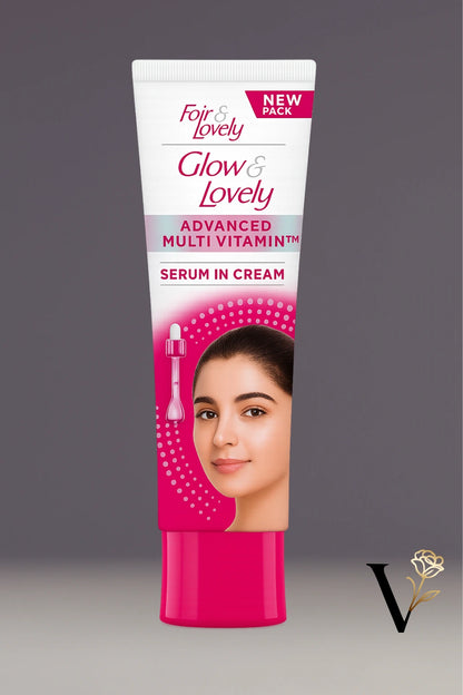 Foar & Lovely Glow & Lovely serum in cream packaging on a gray background