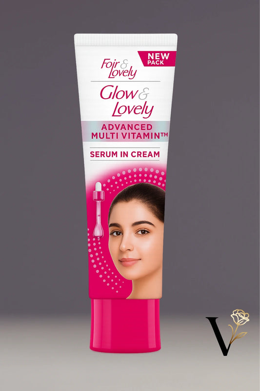 Foar & Lovely Glow & Lovely serum in cream packaging on a gray background
