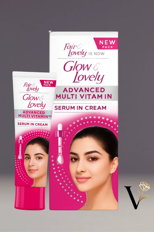 Fair & Lovely Glow & Lovely serum in cream packaging on a gray background
