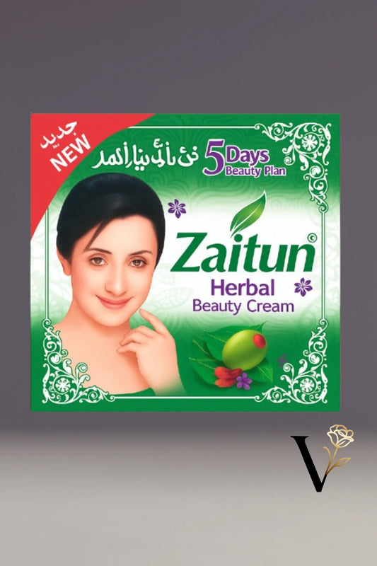 Zaitun Herbal Beauty Cream packaging with a woman's face on a gray background